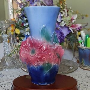 Vintage Royal Copley Floral Pink and Cobalt Blue Pottery Vase
